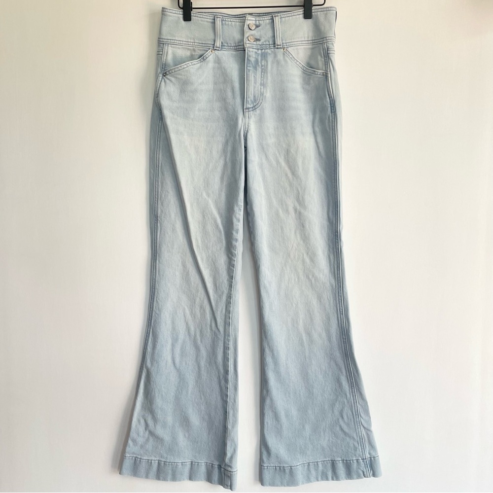 LE JEAN Bootcut Jeans High Waist Light Wash Button Fly Blue Denim Size 27